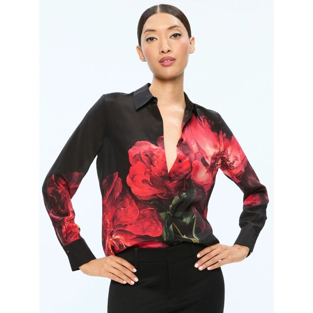 Alice + Olivia Brady Peony Petals Bright Ruby Silk Blouse Small NWT